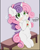 Size: 2392x3000 | Tagged: safe, artist:freefraq, character:sweetie belle, species:pony, species:unicorn, g4, apple juice, bench, blushing, cheek fluff, cute, diasweetes, drink, ear fluff, eye clipping through hair, female, filly, fluffy, hoof fluff, hoof hold, hooves, juice, leg fluff, signature, sitting, smiling, solo, three quarter view, young