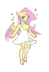 Size: 950x1388 | Tagged: safe, artist:makkah-chan, character:fluttershy, species:anthro, species:pegasus, species:pony, species:unguligrade anthro, g4, arm hooves, chest fluff, clothing, colored wings, cute, dress, female, floating heart, floppy ears, heart, mare, multicolored wings, one eye closed, shyabetes, simple background, solo, spread wings, two toned wings, white background, wings, wink
