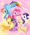 Size: 1000x1168 | Tagged: safe, artist:natsu-nori, character:applejack, character:fluttershy, character:pinkie pie, character:rainbow dash, character:rarity, character:twilight sparkle, character:twilight sparkle (unicorn), species:earth pony, species:pegasus, species:pony, species:unicorn, g4, abstract background, cute, female, flying, heart, mane six, mare, one eye closed, sitting, smiling, spread wings, title drop, wings, wink
