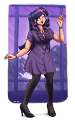 Size: 1500x2400 | Tagged: safe, artist:king-kakapo, character:twilight sparkle, species:human, g4, clothing, cute, dress, female, high heels, humanized, one eye closed, pantyhose, questionable source, shoes, solo, species swap, twiabetes, wink
