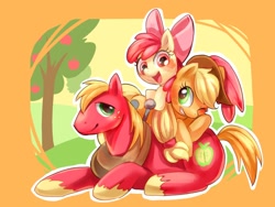 Size: 1024x768 | Tagged: safe, artist:natsu-nori, character:apple bloom, character:applejack, character:big mcintosh, species:earth pony, species:pony, g4, apple family member, apple siblings, brother and sister, female, lying down, male, one eye closed, open mouth, open smile, pixiv, profile, siblings, smiling, stallion