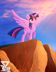 Size: 1100x1414 | Tagged: safe, artist:theretroart88, character:twilight sparkle, character:twilight sparkle (alicorn), species:alicorn, species:pony, g4, cliff, crepuscular rays, cutie mark, female, mare, raised hoof, solo, the lion king, twilight sparkle day