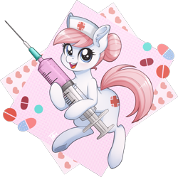 Size: 935x930 | Tagged: safe, artist:toxiccolour, character:nurse redheart, species:earth pony, species:pony, g4, abstract background, clothing, female, hat, hoof hold, looking at you, mare, needle, nurse hat, open mouth, pills, simple background, solo, syringe, transparent background