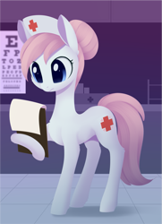 Size: 1105x1523 | Tagged: safe, artist:dusthiel, character:nurse redheart, species:earth pony, species:pony, g4, clipboard, eye chart, female, hoof hold, lineless, mare, nurse, raised hoof, solo, three quarter view