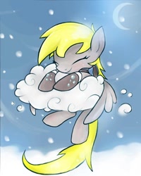 Size: 500x626 | Tagged: safe, artist:sunnybunnyi, character:derpy hooves, species:pegasus, species:pony, g4, clothing, cloud, cute, derpabetes, eyes closed, female, mare, moon, scarf, sky, smiling, snow, socks, solo