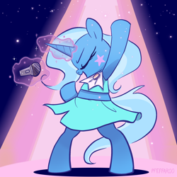 Size: 2048x2048 | Tagged: safe, artist:pfeffaroo, character:trixie, species:pony, species:unicorn, g4, bipedal, clothing, cute, diatrixes, dress, female, glowing horn, horn, magic, mare, microphone, profile, singing, solo, telekinesis