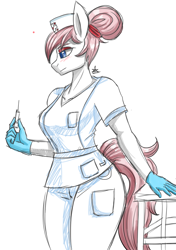 Size: 1200x1700 | Tagged: safe, artist:zachc, character:nurse redheart, species:anthro, species:earth pony, g4, clothing, female, gloves, nurse, nurse outfit, profile, simple background, solo, syringe, white background