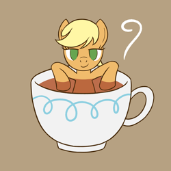 Size: 2000x2000 | Tagged: safe, artist:sazanamibd, character:applejack, species:earth pony, species:pony, g4, brown background, cup, drink, food, lidded eyes, looking at you, missing accessory, no pupils, simple background, smiling, smirk, solo, tea, teacup