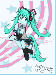 Size: 1688x2248 | Tagged: safe, artist:sallycars, kotobukiya, species:earth pony, species:pony, g4, abstract background, anime, clothing, crossover, digital art, female, hatsune miku, headphones, kotobukiya hatsune miku pony, legitimately amazing mspaint, mare, ms paint, necktie, ponified, shirt, simple background, skirt, socks, solo, species swap, stars, stockings, thigh highs, three quarter view, vocaloid