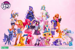 Size: 1000x667 | Tagged: safe, kotobukiya, character:applejack, character:fluttershy, character:pinkie pie, character:princess celestia, character:princess luna, character:rainbow dash, character:rarity, character:sunset shimmer, character:twilight sparkle, character:twilight sparkle (scitwi), species:eqg human, g4, my little pony: friendship is magic, my little pony:equestria girls, figure, figurine, group, group photo, group shot, hasbro logo, kotobukiya applejack, kotobukiya fluttershy, kotobukiya pinkie pie, kotobukiya rainbow dash, kotobukiya rarity, kotobukiya sunset shimmer, kotobukiya twilight sparkle, logo, mane six, my little pony logo, pink background, simple background, toy