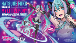 Size: 1280x720 | Tagged: safe, kotobukiya, official, species:earth pony, species:human, species:pony, g4, armpits, bishoujo, blue eyes, clothing, collaboration, copyright, crossover, cutie mark, detached sleeves, eyebrows, eyelashes, female, hasbro, hatsune miku, headphones, headset, high heels, human ponidox, japanese, kotobukiya hatsune miku pony, logo, mare, microphone, multicolored hair, music notes, my little pony logo, necktie, official art, official crossover, pigtails, ponidox, ponified, self paradox, self ponidox, shoes, skirt, species swap, text, twintails, vocaloid