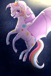Size: 811x1200 | Tagged: safe, artist:temp, oc, oc:confetti cupcake, species:bat pony, species:pony, g4, clothing, female, flying, gift art, hat, mare, night, night sky, party hat, sky, solo