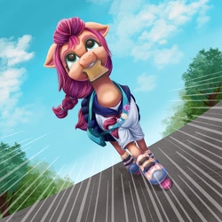 Size: 2048x2048 | Tagged: safe, artist:catscratchpaper, character:sunny starscout, species:earth pony, species:pony, g5, bread, clothing, cloud, female, filly, food, holding, mouth hold, roller skates, running, school uniform, schoolgirl, schoolgirl toast, sky, toast, uniform, young