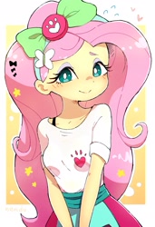 Size: 1394x2043 | Tagged: safe, artist:nendo, character:fluttershy, species:eqg human, g4, my little pony:equestria girls, bow, bra strap, butterfly hairpin, clothing, cute, female, hair bow, happy, looking at you, shyabetes, simple background, smiling, solo