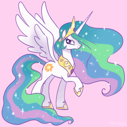 Size: 2048x2048 | Tagged: safe, artist:pfeffaroo, character:princess celestia, species:alicorn, species:pony, g4, female, mare, pink background, profile, raised hoof, simple background, smiling, solo, spread wings, wings