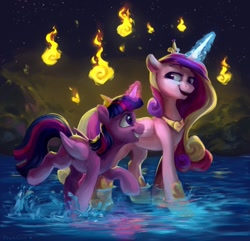Size: 1280x1232 | Tagged: safe, artist:jewellier, character:princess cadance, character:twilight sparkle, character:twilight sparkle (alicorn), species:alicorn, species:pony, g4, clothing, crown, duo, female, fire, glowing horn, grin, happy, hoof shoes, horn, jewelry, magic, mare, profile, raised hoof, regalia, shoes, sisters-in-law, smiling, talking, three quarter view, walking, water