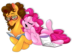 Size: 1280x960 | Tagged: safe, artist:dragonfox_girl, character:cheese sandwich, character:pinkie pie, species:earth pony, species:pony, ship:cheesepie, g4, blushing, female, glasses, lying down, male, mare, open mouth, prone, shipping, simple background, sleeping, stallion, straight, transparent background