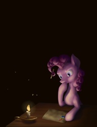 Size: 1240x1620 | Tagged: safe, artist:nevillerob, character:pinkie pie, species:earth pony, species:pony, g4, candle, dark, female, hoof on chin, hooves, mare, solo