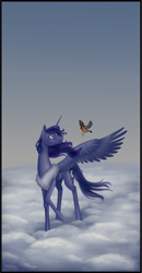 Size: 1194x2301 | Tagged: safe, artist:nevillerob, character:princess luna, species:alicorn, species:bird, species:pony, g4, bullfinch, cloud, female, mare, neck fluff, on a cloud, one wing out, profile, solo, spread wings, standing on a cloud, walking on clouds, wings