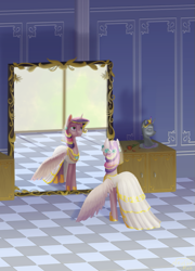 Size: 581x806 | Tagged: safe, artist:nevillerob, character:princess cadance, character:queen chrysalis, species:alicorn, species:changeling, species:pony, episode:a canterlot wedding, g4, my little pony: friendship is magic, changeling queen, clothing, disguise, disguised changeling, dress, fake cadance, female, gown, mare, mirror