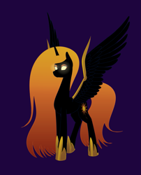 Size: 1111x1377 | Tagged: safe, artist:nevillerob, character:nightmare star, character:princess celestia, species:alicorn, species:pony, g4, armor, female, glowing eyes, gradient hair, mare, multicolored hair, purple background, simple background, solo, spread wings, wing armor, wings