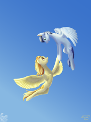 Size: 670x900 | Tagged: safe, artist:nevillerob, character:soarin', character:spitfire, species:pegasus, species:pony, g4, cloud, female, flying, holding hooves, looking at each other, male, mare, open mouth, open smile, profile, shipping, sky, smiling, soarinfire, spread wings, stallion, straight, wings