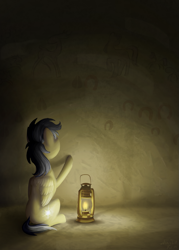 Size: 799x1119 | Tagged: safe, artist:nevillerob, character:daring do, species:pegasus, species:pony, g4, cave, cave painting, cutie mark origin, exploring, lantern, sitting, solo, younger