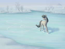 Size: 1100x830 | Tagged: safe, artist:nevillerob, character:octavia melody, species:earth pony, species:pony, g4, female, frozen lake, ice, ice skates, ice skating, mare, snow, solo, treble clef, winter