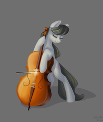Size: 549x650 | Tagged: safe, artist:nevillerob, character:octavia melody, species:earth pony, species:pony, g4, bipedal, bipedal leaning, bow, bow (instrument), cello, dexterous hooves, eyes closed, female, gray background, hoof hold, hooves, leaning, mare, musical instrument, signature, simple background, smiling, solo