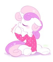 Size: 432x504 | Tagged: safe, artist:tamabel, character:sweetie belle, species:pony, species:unicorn, g4, clothing, cute, diasweetes, eyes closed, female, filly, leg fluff, neck fluff, pajamas, profile, simple background, sitting, solo, white background, yawn, young