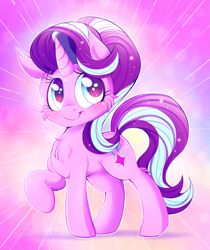 Size: 2147x2550 | Tagged: safe, artist:tamabel, character:starlight glimmer, species:pony, species:unicorn, g4, abstract background, cheek fluff, chest fluff, colored pupils, cute, ear fluff, female, fluffy, glimmerbetes, leg fluff, mare, raised hoof, smiling, solo