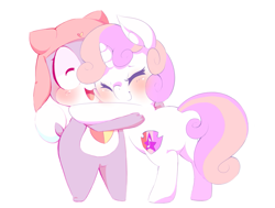 Size: 1245x940 | Tagged: safe, artist:tamabel, character:sweetie belle, species:pony, species:unicorn, g4, bipedal, blushing, crossover, cute, diasweetes, eyes closed, female, filly, hug, keroro gunsou, pururu, simple background, squishy cheeks, white background, young