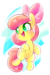 Size: 1200x1800 | Tagged: safe, artist:tamabel, character:apple bloom, species:earth pony, species:pony, g4, abstract background, adorabloom, alternate eye color, apple bloom's bow, apple family member, bow, colored pupils, cute, female, filly, hair bow, heart, open mouth, open smile, simple background, smiling, solo, three quarter view, white background, wrong eye color, young