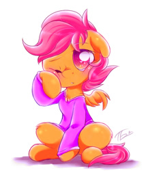 Size: 432x504 | Tagged: safe, artist:tamabel, character:scootaloo, species:pegasus, species:pony, g4, chest fluff, clothing, colored pupils, cute, cutealoo, female, filly, floppy ears, heart eyes, leg fluff, morning ponies, one eye closed, rubbing eyes, signature, simple background, solo, white background, wingding eyes, young
