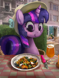 Size: 1323x1746 | Tagged: safe, artist:mandumustbasukanemen, character:twilight sparkle, species:pony, newbie artist training grounds, g4, atg 2020, clothing, female, food, fork, hat, knife, mare, sitting, solo, table, weapon