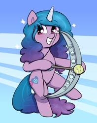 Size: 1617x2052 | Tagged: safe, artist:heretichesh, character:izzy moonbow, species:pony, species:unicorn, g5, abstract background, arrow, ball, bipedal, blushing, bow (weapon), bow and arrow, dexterous hooves, female, gradient hair, hoof hold, hooves, izzy's tennis ball, mare, name pun, pun, smiling, solo, solo female, standing, standing on one leg, tennis ball, toy, visual gag, weapon