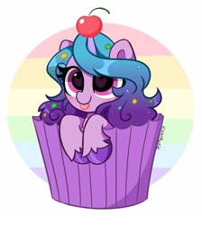 Size: 3049x3404 | Tagged: safe, artist:kittyrosie, character:izzy moonbow, species:pony, species:unicorn, g5, blep, cherry, cherry on top, cupcake, food, food pony, gradient hair, multicolored background, multicolored hair, original species, solo, tongue out