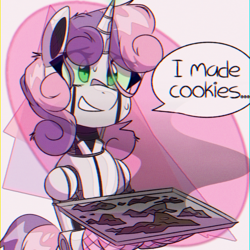 Size: 1000x1000 | Tagged: safe, artist:provolonepone, character:sweetie belle, species:pony, species:unicorn, friendship is witchcraft, sweetie bot, g4, abstract background, burnt, chromatic aberration, cookie, cooking, dialogue, eye clipping through hair, food, messy mane, oven mitts, robot, robot pony, sheepish grin, solo, speech bubble, sweetie belle can't cook, sweetie fail, text