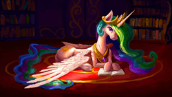 Size: 1920x1080 | Tagged: safe, artist:plainoasis, character:princess celestia, species:alicorn, species:pony, g4, book, bookshelf, crown, cutie mark, ethereal mane, female, jewelry, looking at you, lying down, mare, reading, regalia, solo, spread wings, wings