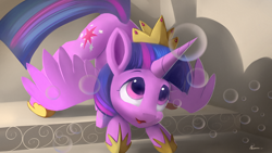 Size: 4038x2271 | Tagged: safe, artist:auroriia, character:twilight sparkle, character:twilight sparkle (alicorn), species:alicorn, species:pony, g4, bubble, crown, cutie mark, female, jewelry, looking up, mare, regalia, solo, spread wings, wings