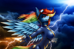 Size: 1080x724 | Tagged: safe, artist:shamziwhite, character:rainbow dash, species:anthro, species:pegasus, g4, bodysuit, breasts, clothing, cloud, cloudy, feather, female, goggles, grin, latex, latex suit, lightning, long hair, mare, profile, sky, smiling, solo, standing, thunder, uniform, wind, windswept mane, wings, wonderbolts, wonderbolts uniform