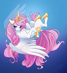 Size: 4126x4500 | Tagged: safe, artist:opalacorn, character:princess celestia, species:alicorn, species:pony, g4, absurd file size, absurd resolution, alternate hair color, chest fluff, clothing, crown, dock, ear fluff, female, gradient background, hoof shoes, jewelry, leg fluff, lidded eyes, looking at you, mare, pink-mane celestia, regalia, shoes, smiling, smiling at you, solo, spread wings, wings