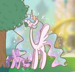 Size: 707x680 | Tagged: safe, artist:typhwosion, character:princess celestia, character:twilight sparkle, character:twilight sparkle (alicorn), species:alicorn, species:pony, g4, eating, ethereal mane, female, grass, grazing, herbivore, horses doing horse things, leaves, long neck, mare, nom, princess necklestia, profile, sparkles, spread wings, tree, wings