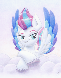 Size: 3120x3930 | Tagged: safe, artist:xeviousgreenii, character:zipp storm, species:pegasus, species:pony, g5, cloud, mona lisa, smiling, smirk, solo, traditional art