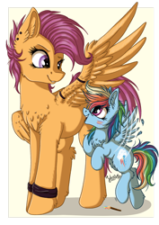 Size: 1920x2716 | Tagged: safe, artist:julunis14, character:rainbow dash, character:scootaloo, species:pegasus, species:pony, g4, age swap, chest fluff, ear fluff, ear piercing, earring, fake cutie mark, female, filly, filly rainbow dash, jewelry, leg fluff, looking at each other, older, older scootaloo, paintbrush, piercing, profile, role reversal, sibling love, signature, simple background, sisterly love, spread wings, three quarter view, wings, young, younger