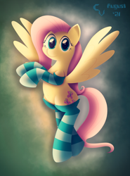 Size: 3720x5034 | Tagged: safe, artist:cosmikvek, character:fluttershy, species:pegasus, species:pony, g4, absurd resolution, aerial view, belly button, clothing, cloud, cute, female, flying, high res, looking at you, lying down, mare, shyabetes, smiling, smiling at you, socks, solo, spread wings, striped socks, thigh highs, wings