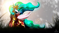 Size: 3840x2160 | Tagged: safe, artist:zidanemina, character:princess celestia, species:alicorn, species:pony, g4, armor, ethereal mane, explicit source, female, helmet, horn, mare, robe, solo, stern, wings