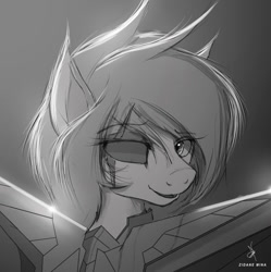 Size: 692x695 | Tagged: safe, artist:zidanemina, character:double diamond, species:earth pony, species:pony, g4, anime, armor, blind eye, crossover, explicit source, grayscale, male, monochrome, open mouth, saint seiya, scar, sketch, solo, stallion