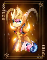 Size: 3928x5000 | Tagged: safe, artist:zidanemina, character:bon bon, character:sweetie drops, species:earth pony, species:pony, g4, anime, aries, armor, crossover, explicit source, female, gold armor, gold cloth, gold saint, helmet, horoscope, mare, saint seiya, smiling, solo, zodiac