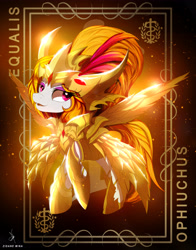 Size: 3928x5000 | Tagged: safe, artist:zidanemina, oc, oc only, oc:equalis, species:earth pony, species:pony, g4, anime, armor, crossover, female, gold armor, gold cloth, gold saint, helmet, horoscope, looking sideways, mare, open mouth, ophiuchus, saint seiya, solo, zodiac